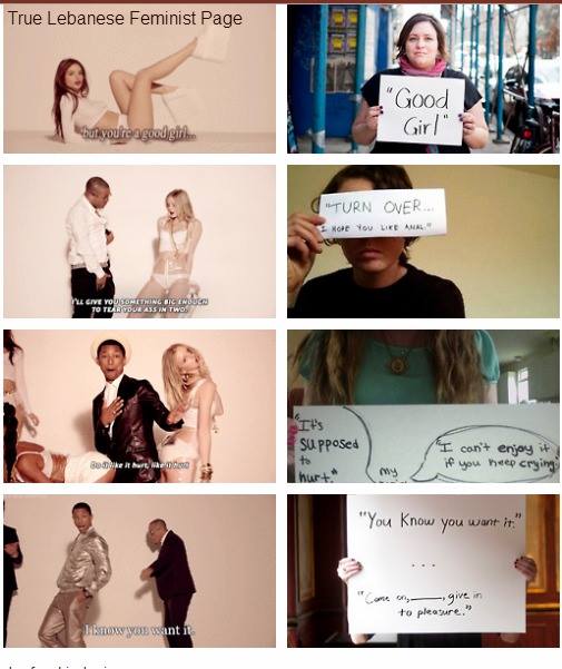 Parti del testo di "Blurred Lines" a confronto con foto tratte da "Project Unbreakable", in cui sopravvissute allo stupro riportano le frasi pronunciate dai loro stupratori.